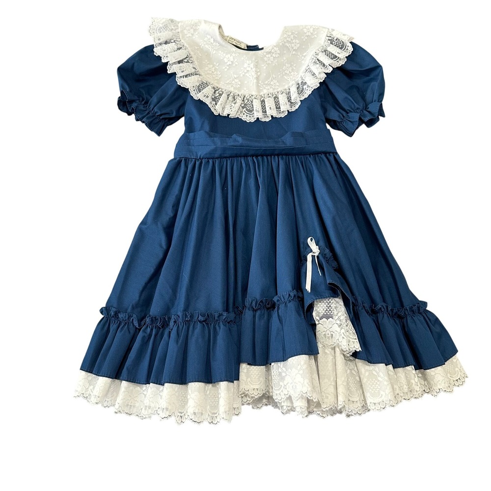 Vintage Mini World Girls 6X Navy Blue Lace Cottagecore Prairie Dress Puff Sleeve